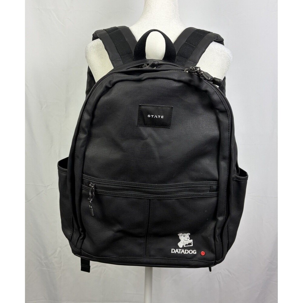 STATE Black Brand Laptop Double Pocket Backpack Datadog Branding 16” x 14” EUC